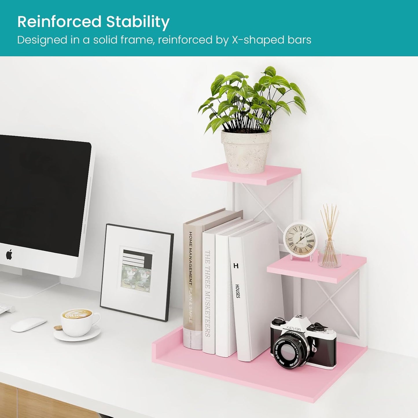ELITEROO Desktop Shelf, Aesthetic Desk Organizer Table Top Mini Bookshelf, 3 Tier Wooden Desk Supplies Organizers and Storage Stand Cubicle Accessories for Women Office, Pink