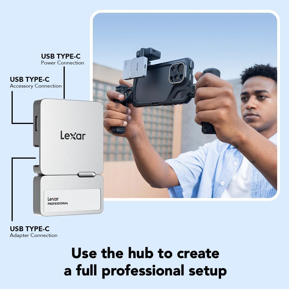 Lexar 2TB Professional Go Portable SSD w/Hub, Supports Apple 4K 60fps ProRes, Up to 1050MB/s, USB 3.2 Gen 2, Rugged, IP65, Ultracompact, Compatible w/iPhone 15/16, External SSD (LSL400S002T-RNSNU)