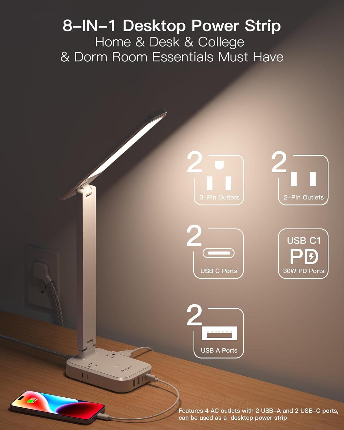 Power Strip with LED Desk Lamp, PD 30W Touch Desk Lamps, 4 Outlets 4 USB Ports(2 USB C) Small Desk Lamp 5FT Extension Cord Table Lamp for Home Office College Dorm Room Essentials Bedroom Bedside Study