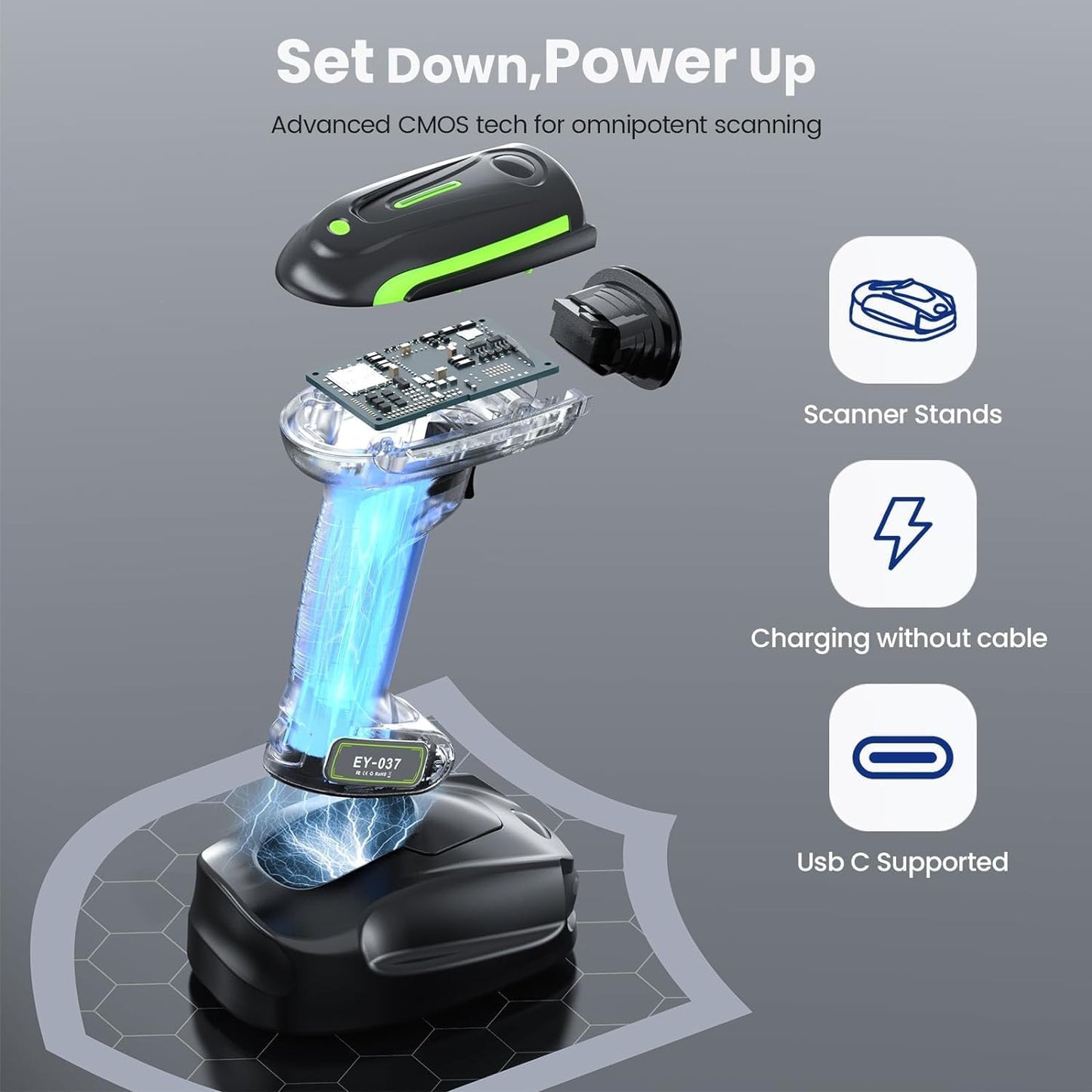 Eyoyo 2D QR Industrial Barcode Scanner with Wireless Charging Stand, Rugged Heavy Duty & IP65 Waterproof 3-in-1 Bluetooth & Wireless & USB Hands-Free Barcode Reader for Laptop Desktop Tablet Android