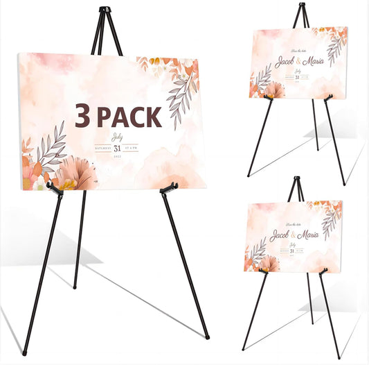 Instant Display Easel Stand, 63" Collapsible Portable Adjustable Height Art Easel - Easy Folding Telescoping Metal Floor Poster Tripod for Display, Black(3 Pack)