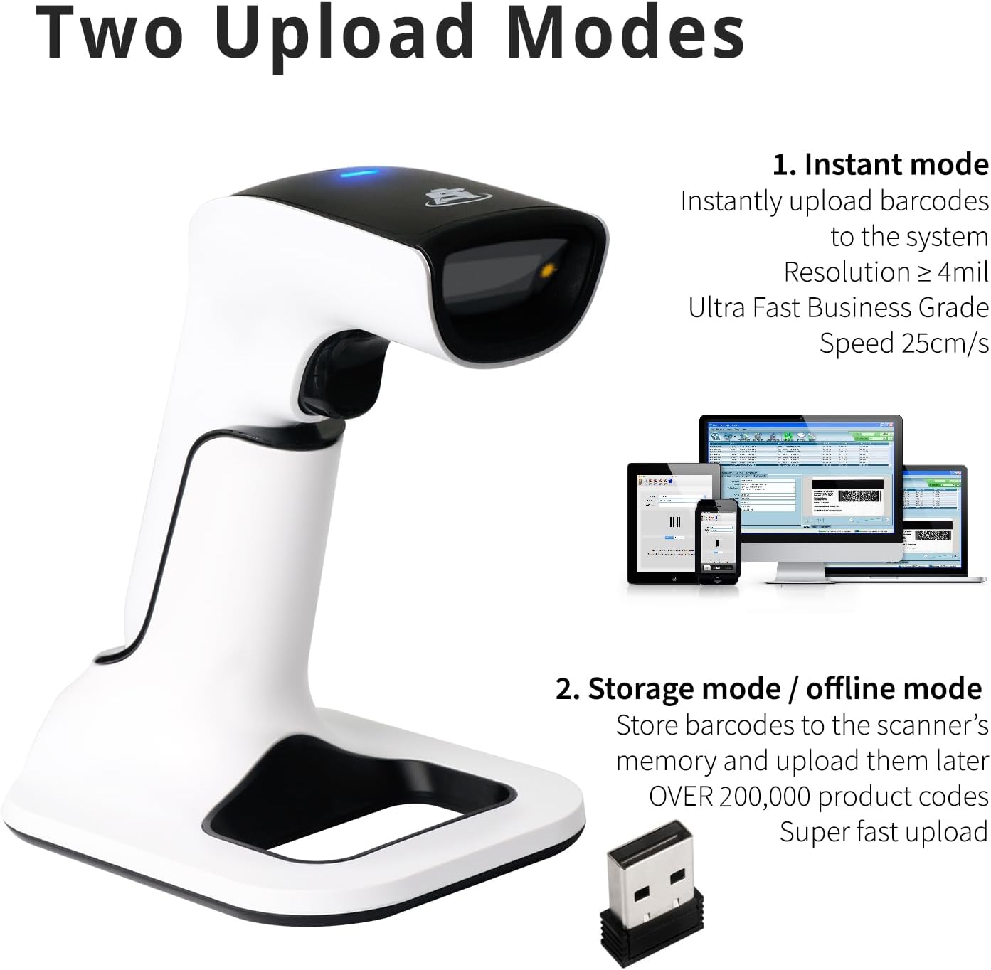 ScanAvenger Wireless Portable 1D&2D with Stand Bluetooth Barcode Scanner: 3-in-1 Handheld Scanner, Rechargeable Battery for Inventory - USB Bar Code/QR Reader (1D&2D with Next Gen Stand)
