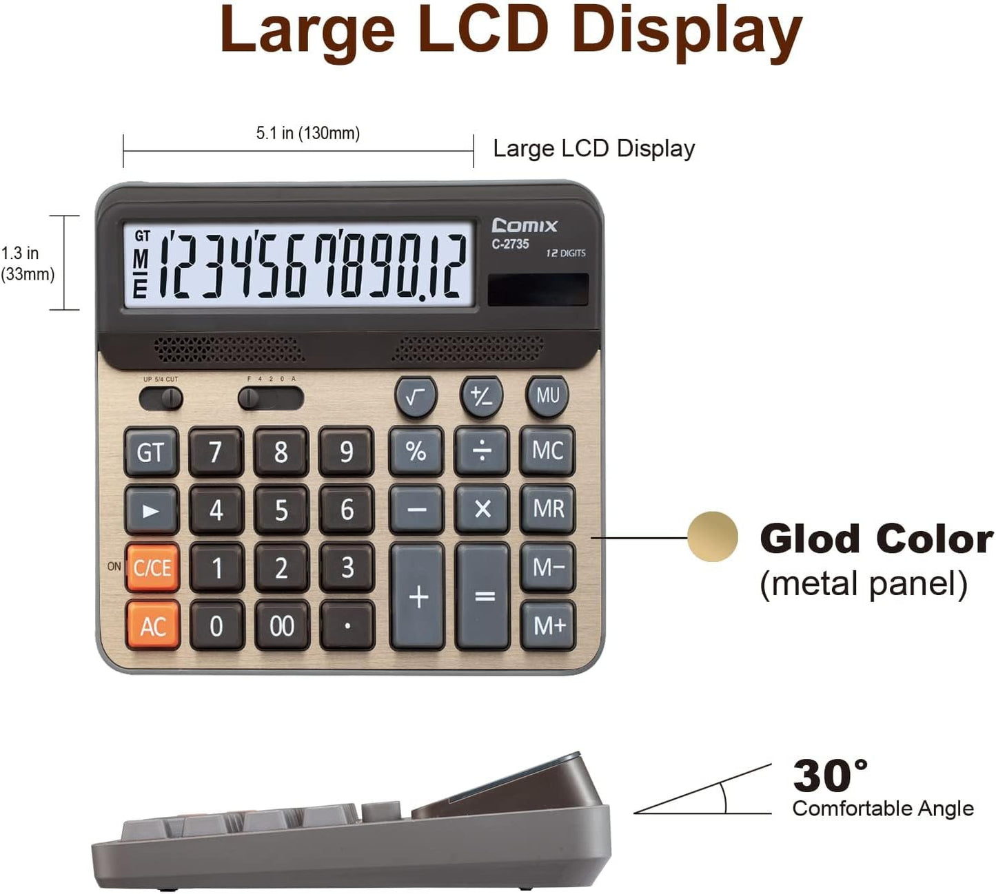 Comix Desktop Calculator, Large Computer Keys, 12 Digits Display, Champaign Gold Color Panel, C-2735, 2-Pack