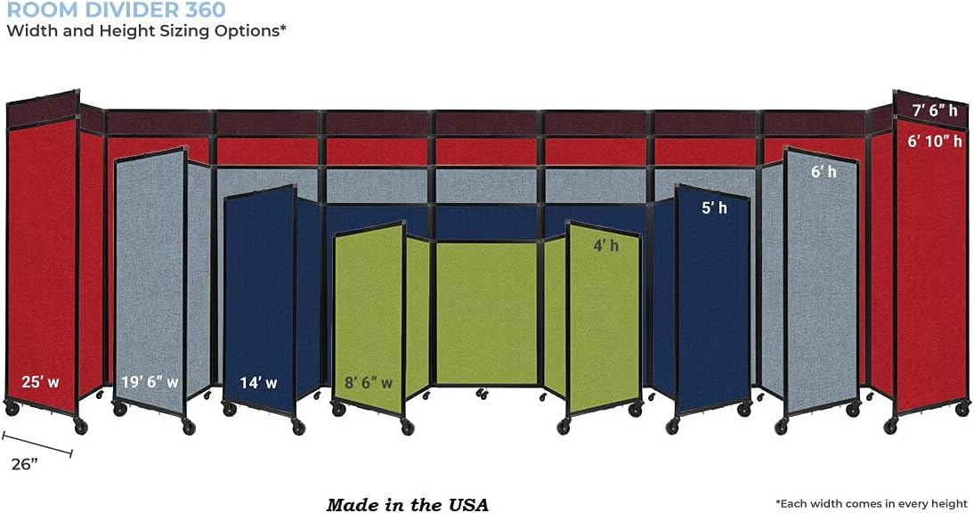 Versare Room Divider 360 Portable Wall Partition | Folding Panels | Large Freestanding Divider | Locking Wheels | Temporary Room Separator | 25' x 7'6'', Blue Spruce
