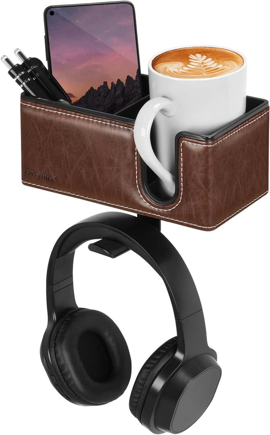 Desk Cup Holder Clip on Pen Holder Headphone Hanger Headset Stand Rotatable Clamp Hook Under Desk (Brown)