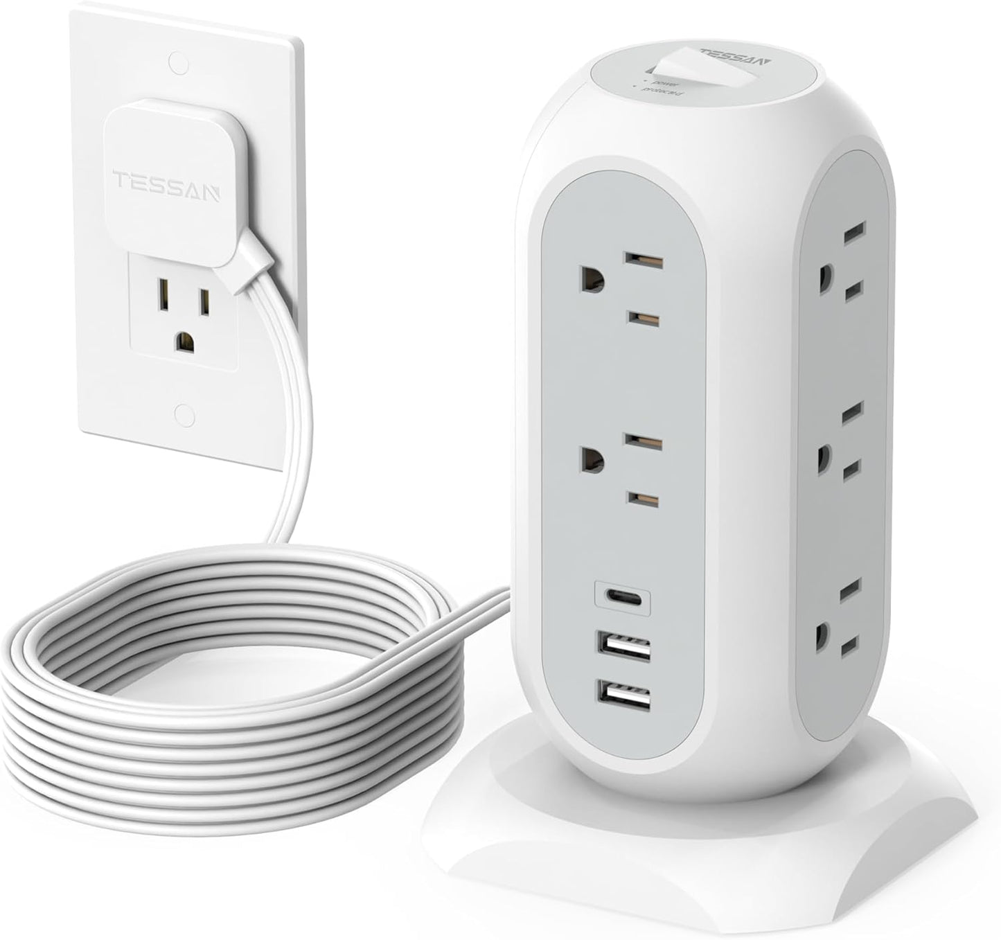 Surge Protector Power Strip Tower 10 Ft, TESSAN Flat Plug Extension Cord with 11 AC Outlets 3 USB Ports (1 USB C), 1050J Protection Charging Station for Home, Office Supplies, Dorm Room Essentials