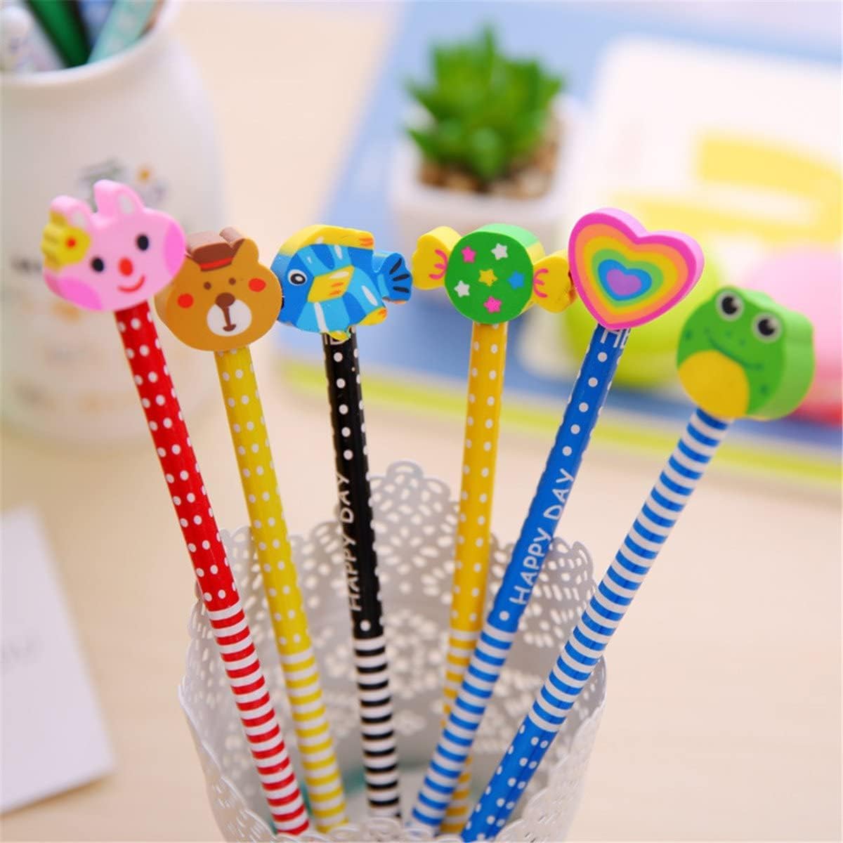 Yansanido Pack of 10 Colorful 7.28 Inch Length Random Cartoon Eraser Pencils, Cute Pencils for Office, School Supplies Students Children Gift (10)