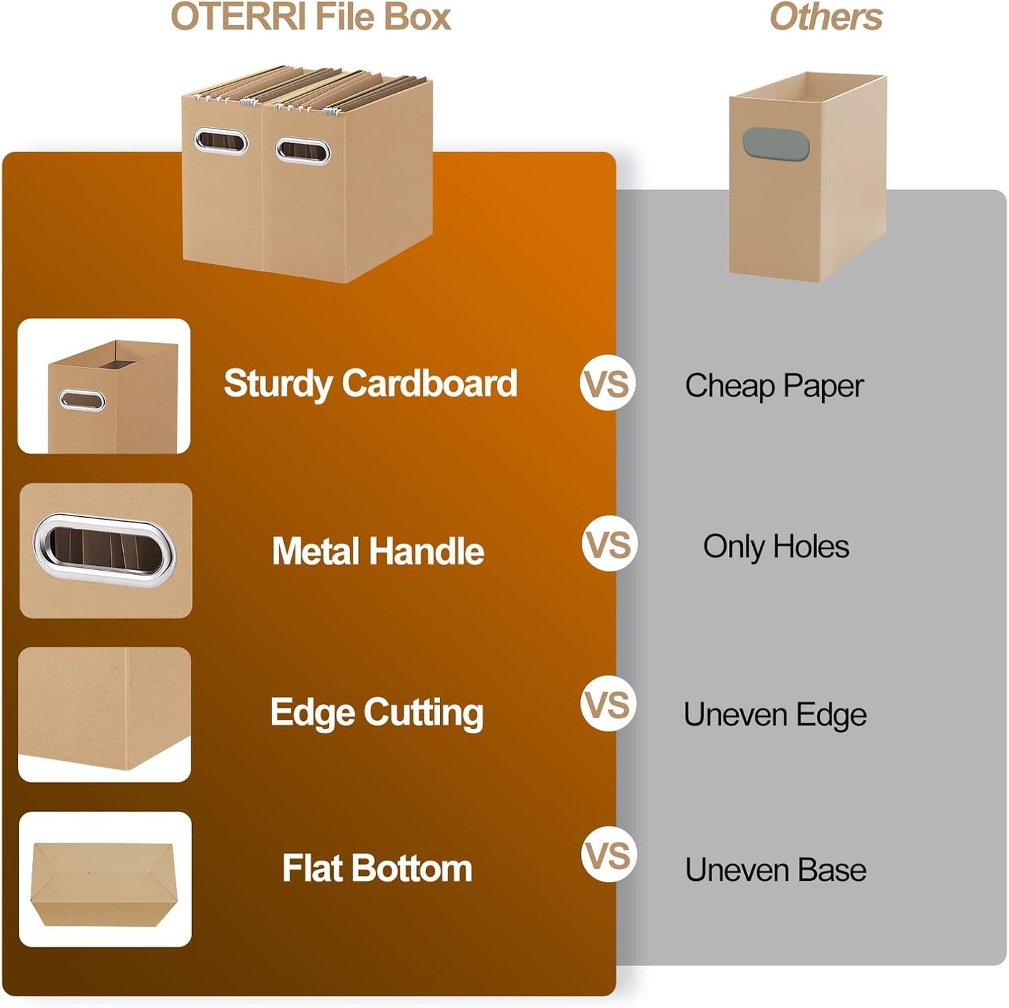 Oterri File Organizer, 6 Packs Small Storage Box, Cardboard File Folder Organizer, Collapsible File Box for Hanging File Folders Letter Size, Portable Filing Organizer with Handle (Brown)