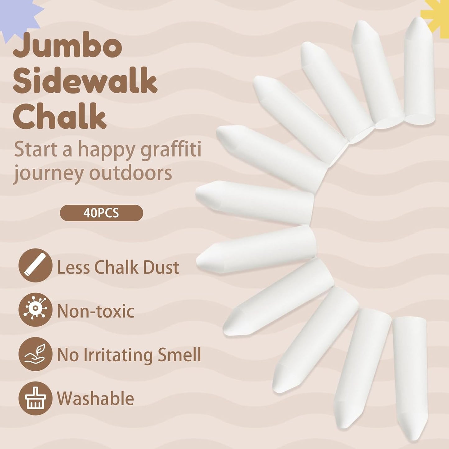 Fulmoon 40 Pcs Jumbo Sidewalk Chalk for Kids Outdoor Art Non Toxic Large Washable Street Chalk for Adults Drawing Painting Classroom(White,Sharp Style)