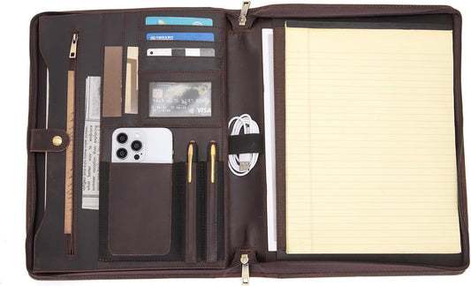 Genuine Leather Portfolio for Women and Men, 8.5 x 11 Legal Pad Padfolio, Zippered Notebook Organizer for 13” Laptop, Business Executive Professional Folio for Work, Dark Brown