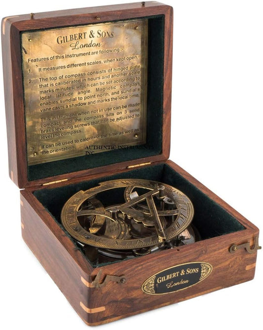 Top Grade 5-Inch Sundial Compass – Vintage Nautical Marine Compass with Wooden Box – Antique Brass Sun Clock for Decoration, Navigation, Gifts – Ship Replica Maritime Compass