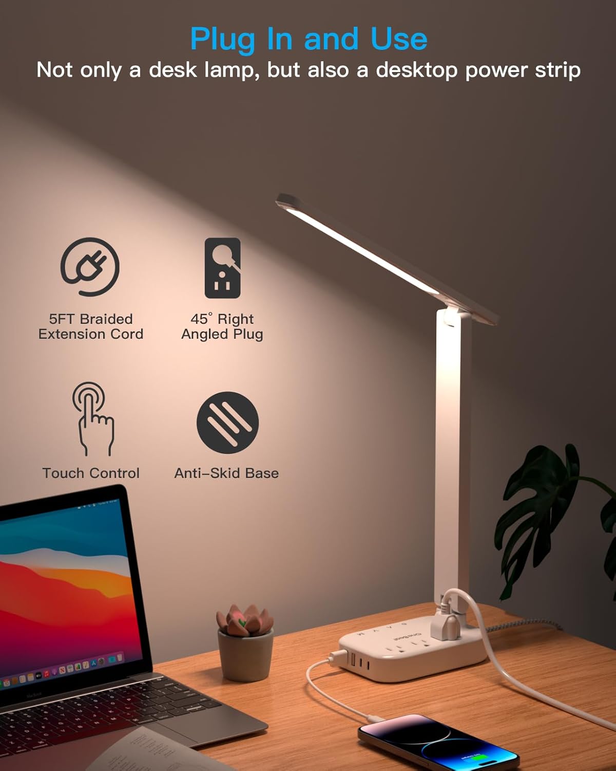 Dorm Room Essentials for Girls, Pink Power Strip with LED Desk Lamp, 3 Outlets 4 USB Ports, 4 Modes 5 Level Touch Lamp Small Desk Lamp for Home Office Bedroom Study Reading Light, 5ft Extension Cord
