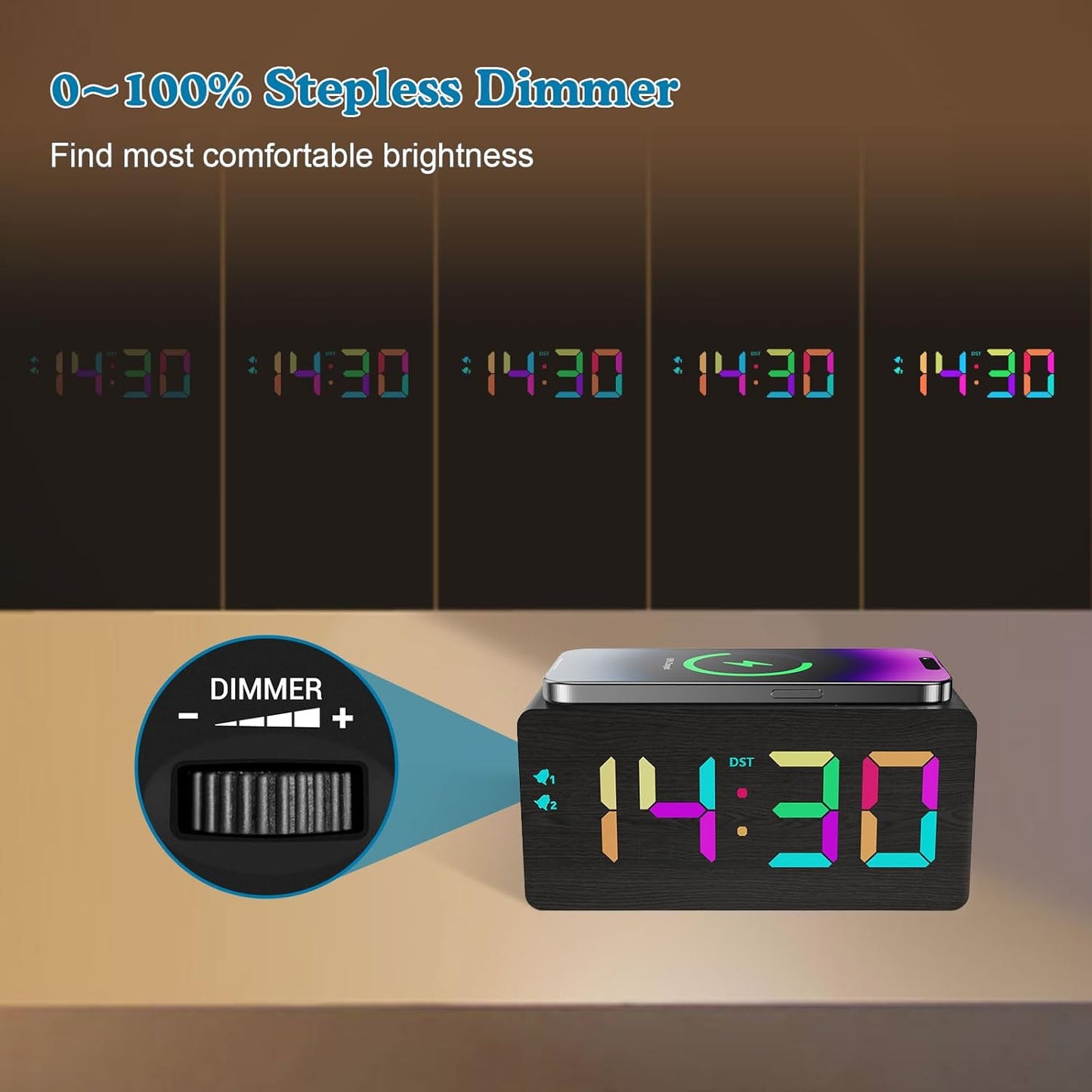 Wooden Digital Alarm Clock with Fast Wireless Charger, Dual USB Charging Ports, DST, Dimmable, Snooze, RGB Large Number Display LED Clock for Bedrooms, Living Room, Desk, Table, Bedside(Black)