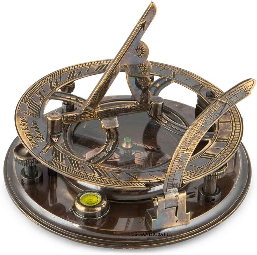 Top Grade 5-Inch Sundial Compass – Vintage Nautical Marine Compass with Wooden Box – Antique Brass Sun Clock for Decoration, Navigation, Gifts – Ship Replica Maritime Compass