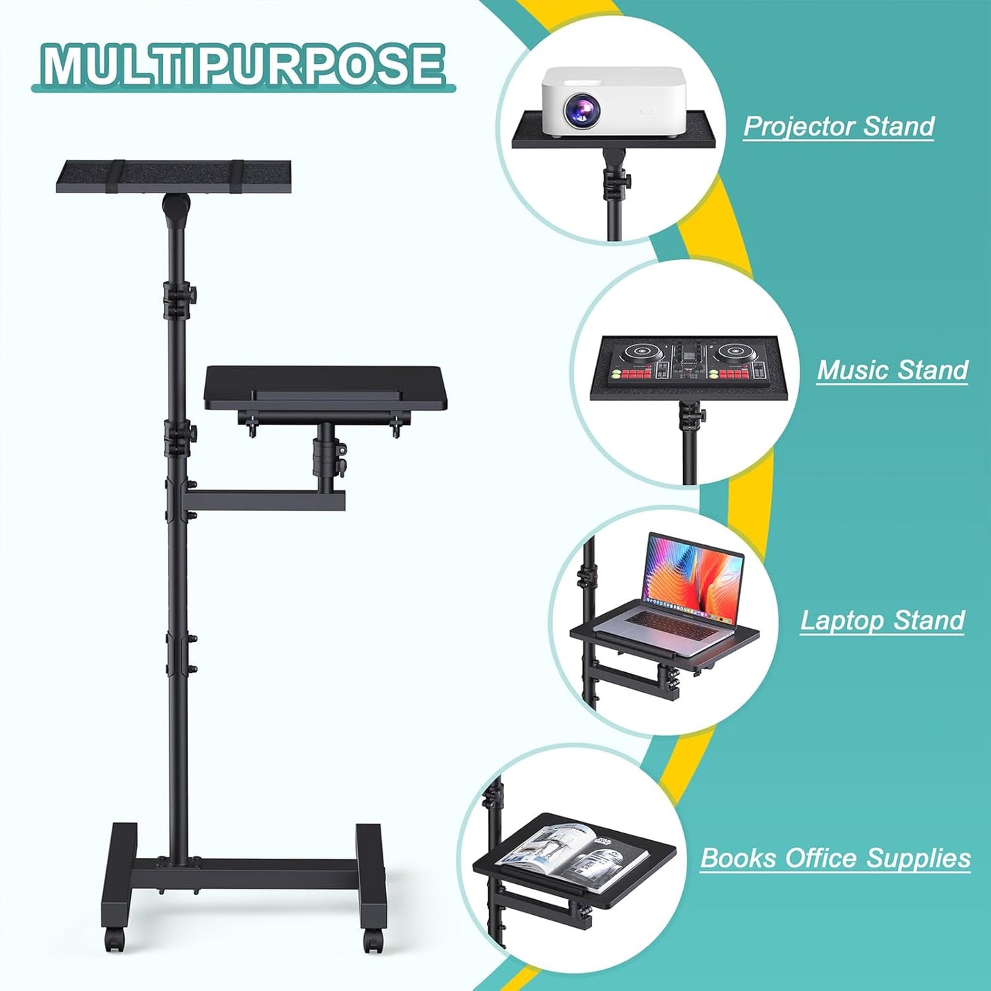 2 Shelves Projector Stand Tripod, Mobile Laptop Cart on Wheels Projector Tripod Stand Adjustable Height 45 to 64 Inches, Overbed Table with Wheels, Rolling Laptop Floor Stand for Couch