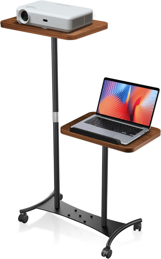 2 Shelves Projector Stand, Mobile Laptop Cart on Wheels Projector Stand Adjustable Height 20 to 53 Inches, Overbed Table with 5 Lockable Casters, Rolling Laptop Floor Stand for Couch