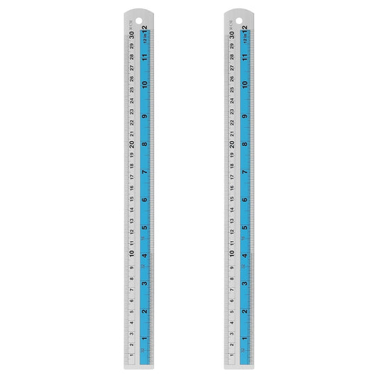 HARFINGTON 2pcs Metal Straight Ruler 30cm Metric SAE Aluminum Alloy Measuring Rulers Scale Tools with Hole for Measure Study Reading Classroom Office, Blue