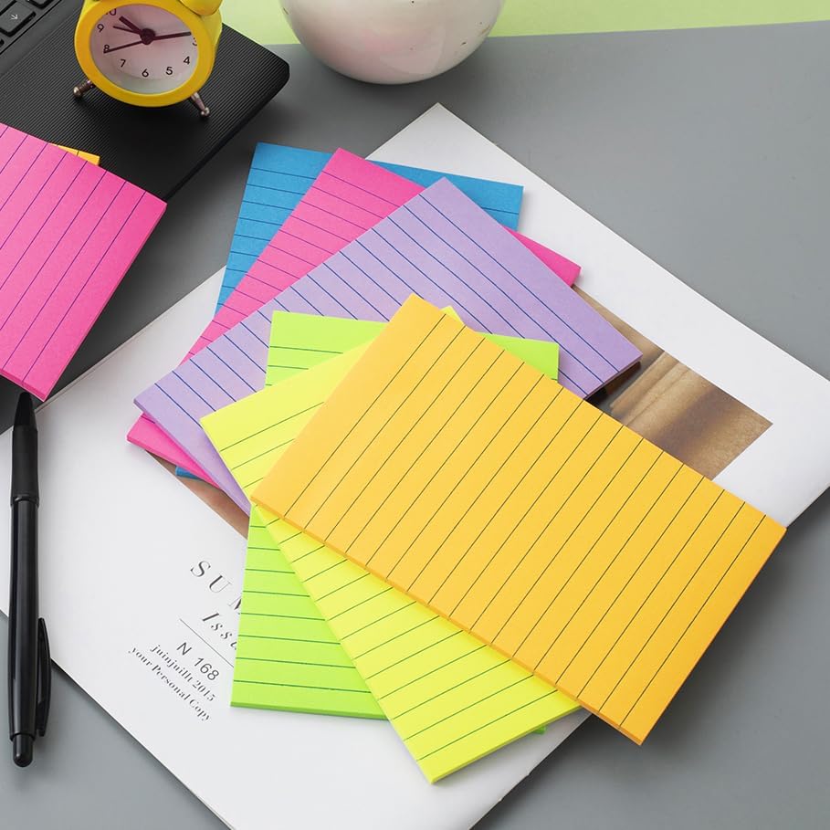 (6 Pack) Lined Sticky Notes 4x6 in Ruled Stickies Super Sticking Power Memo Pads Bright Colors