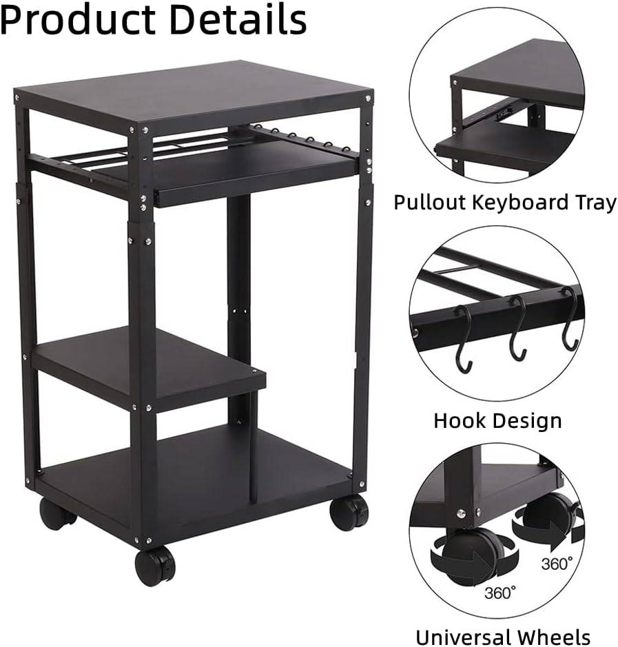 tonchean AV Presentation Cart with Keyboard Tray, Heavy Duty Mobile Workstation Presentation Cart for Video Projector, Laptop Computer, Media Cart for School Classroom Office（Black）