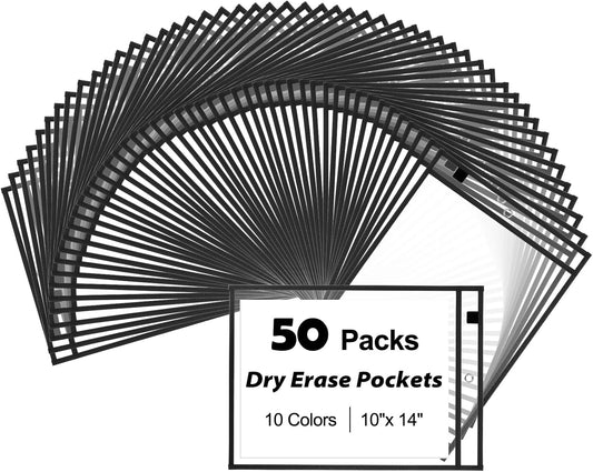 50 Packs Dry Erase Pocket Sleeves, Reusable Clear Plastic Classroom Sleeves, 10x14 Inch Ticket Holders, Plastic Sleeves for School/Office Organization Black