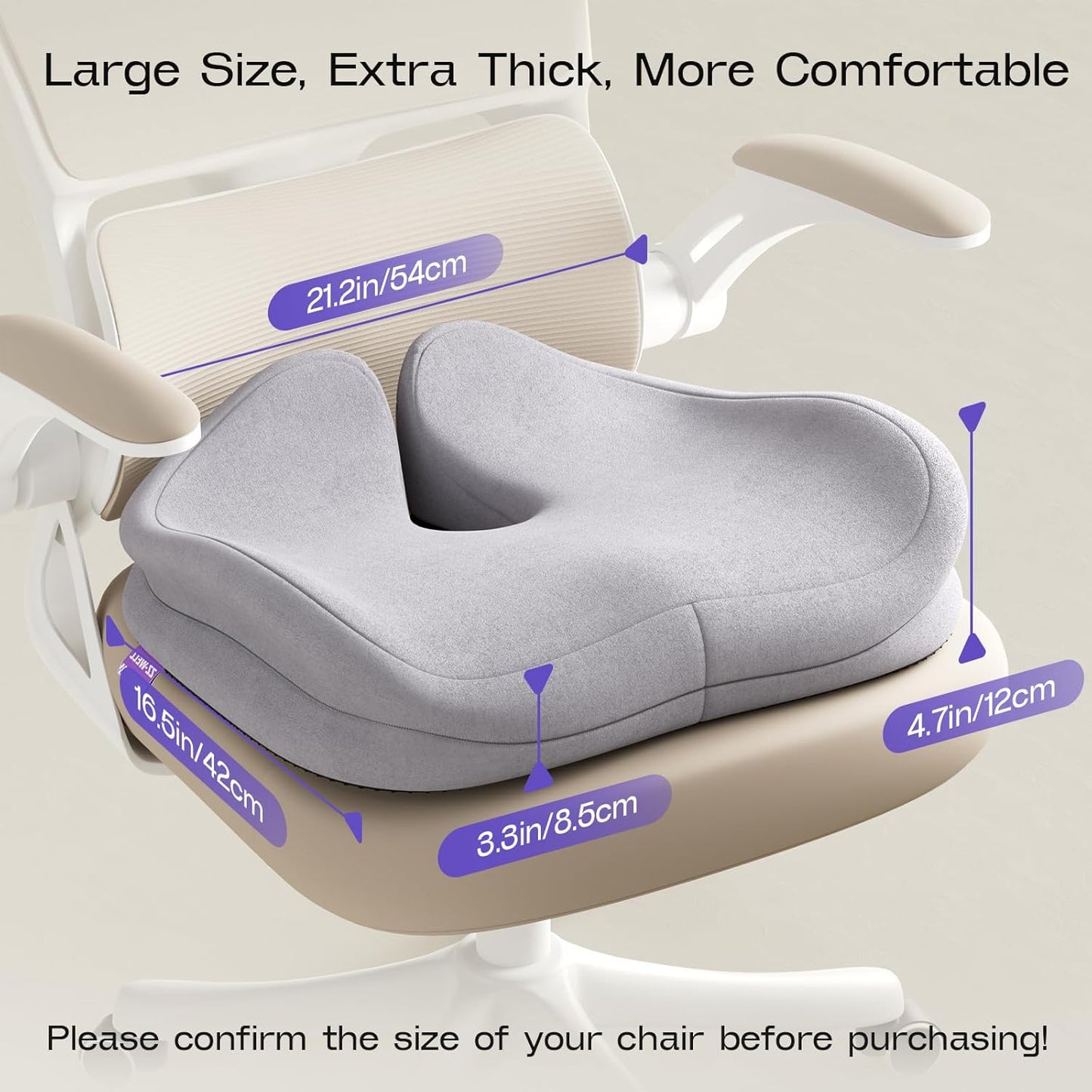 Seat Cushions for Office Chairs - Patented Extra Large Seat Cushion 21.2" W x 16.5" L - Memory Foam Seat Cushion for Tailbone Pain Relief, Sitting Pressure Relief (Light Grey)