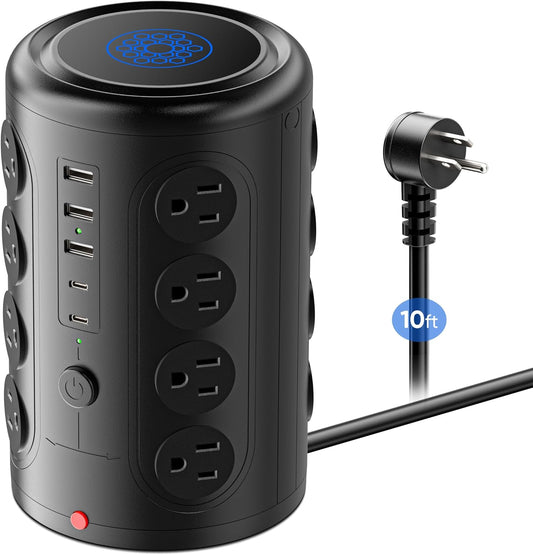 Surge Protector Power Strip 10 FT Cord, TenTrend Vertical Power Tower with 16 Outlets and 5 USB Ports (2 USB-C), 1875W 2000J Charging Station for Home Office Desk, Dorm Room Essentials, Black