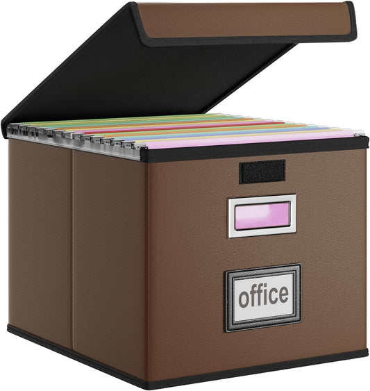 Huolewa Faux Leather File Organizer Box with Lid, Collapsible Hanging File Folder Box Organizer with Plastic Slides, Decorative Home/Office Filing Boxes for File and Folder Storage - Dark Brown