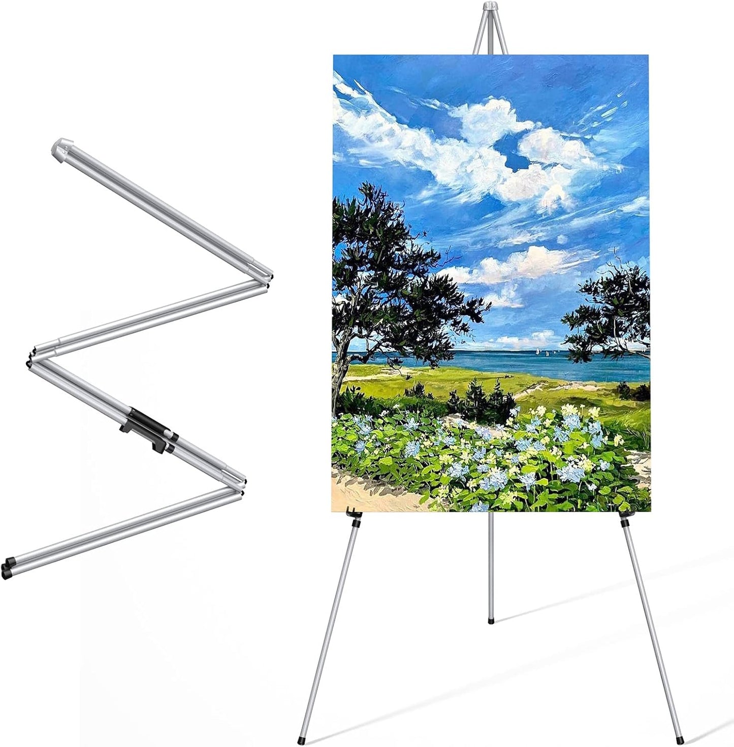 Display Silver Easel Stand - 63" Artist Instant Tripod Collapsible Portable Floor Easel - Adjustable Art Poster Easy Folding Metal Stand for Display Show, Wedding, Painting