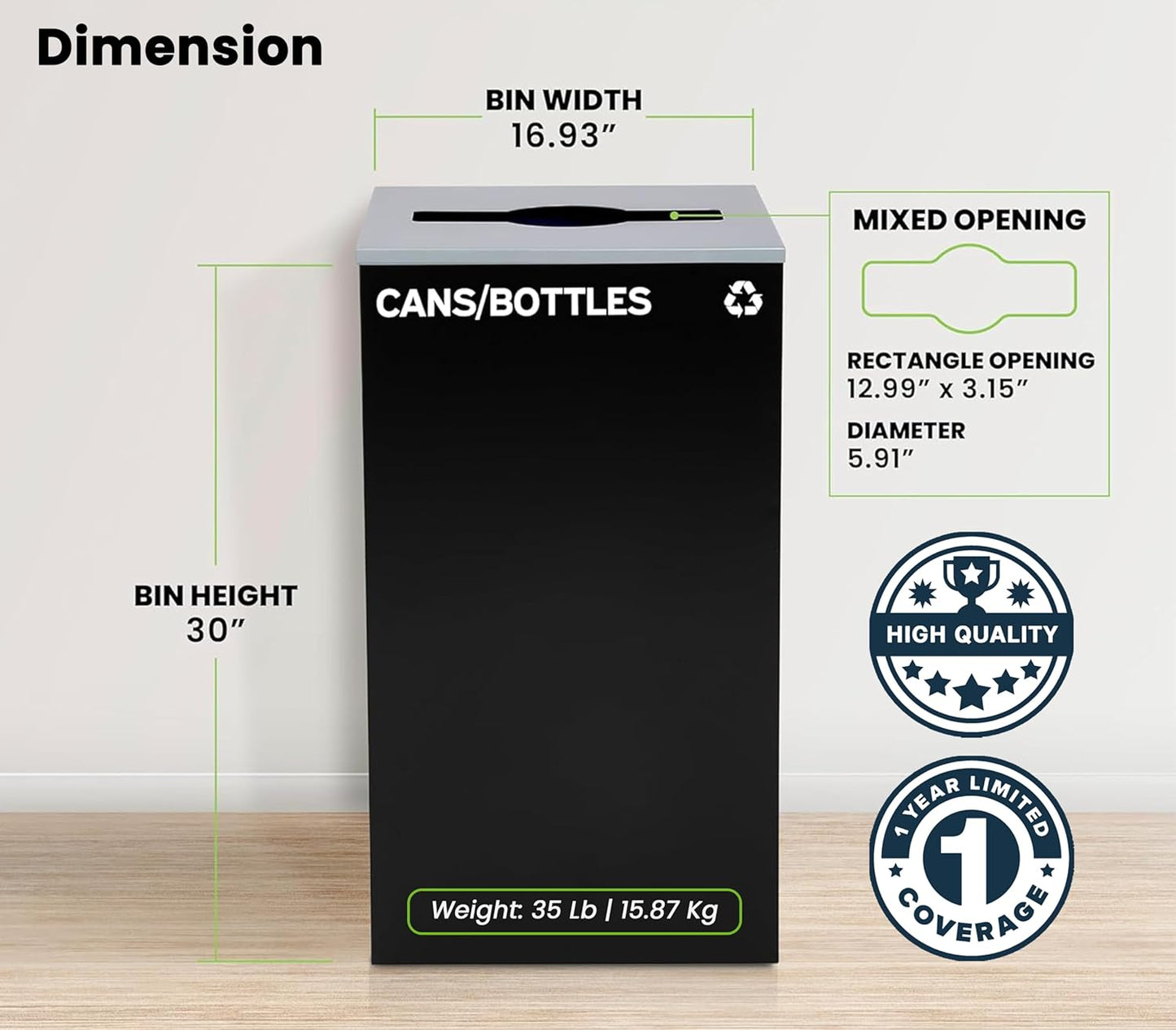 Alpine Commercial Indoor Recycle Bin - 29 Gallon Modern Looking Black Recycle Bin, Office Recycling Bins, Metal Trash and Recycling Container with Stickers & 3 Optional Lids (lid Sold Separately)