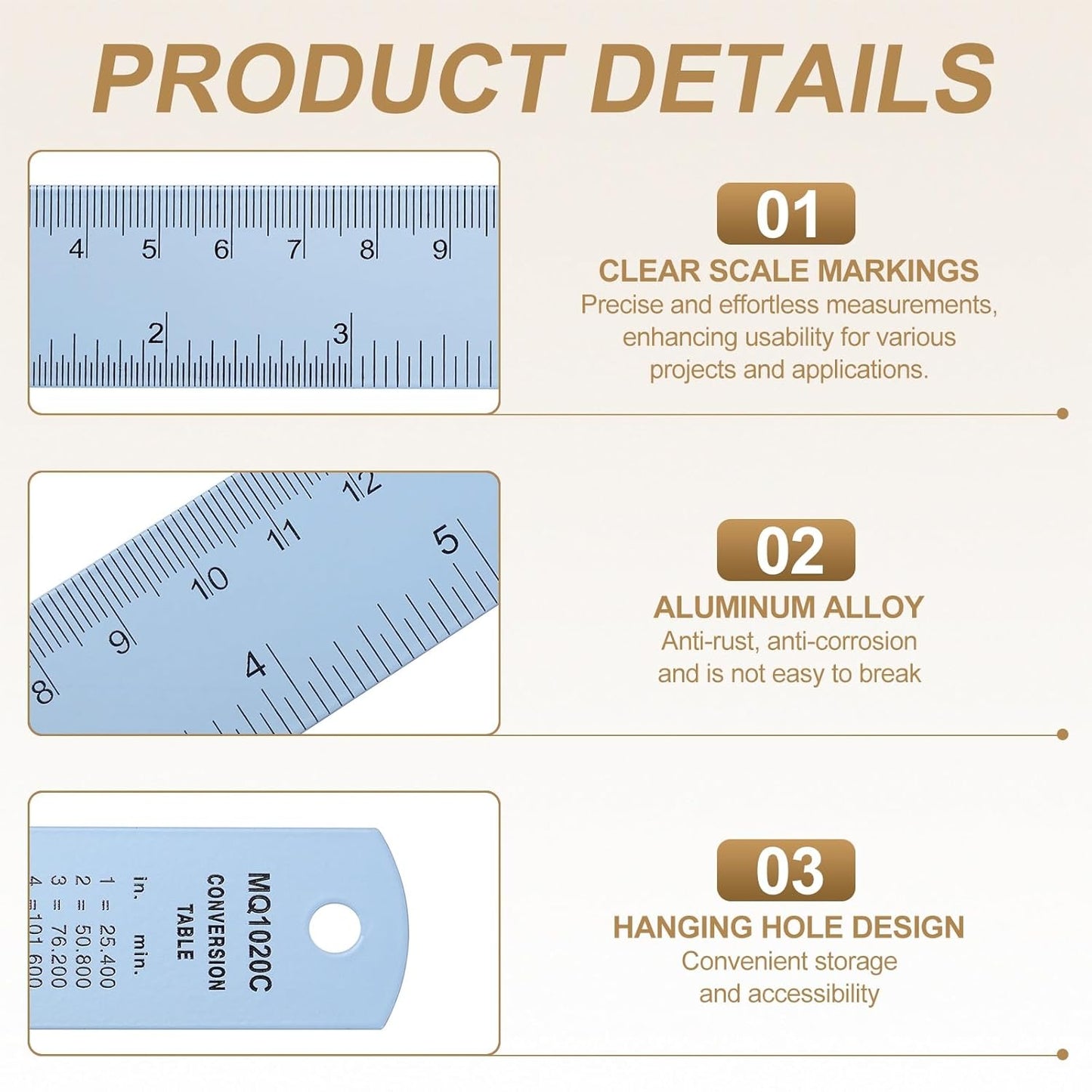 HARFINGTON 2pcs Metal Straight Ruler 20cm Metric SAE Aluminum Alloy Measuring Rulers Scale Tool with Hole for Measure Study Reading Classroom Office, Light Blue