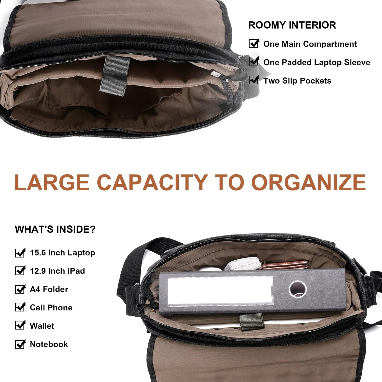 ESTARER Men Messenger Bag 15.6 inch, Water-resistant Canvas Computer Work Bag, Laptop Shoulder Bag Briefcase Satchel, Dark Grey