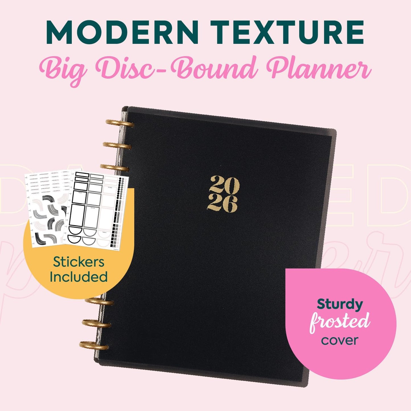 Happy Planner Disc-Bound Planner Jan.–Dec. 2026, Includes 3 Extra Months and 2 Sticker Sheets, Big Size, 8.5" x 11", Horizontal Layout, Modern Texture