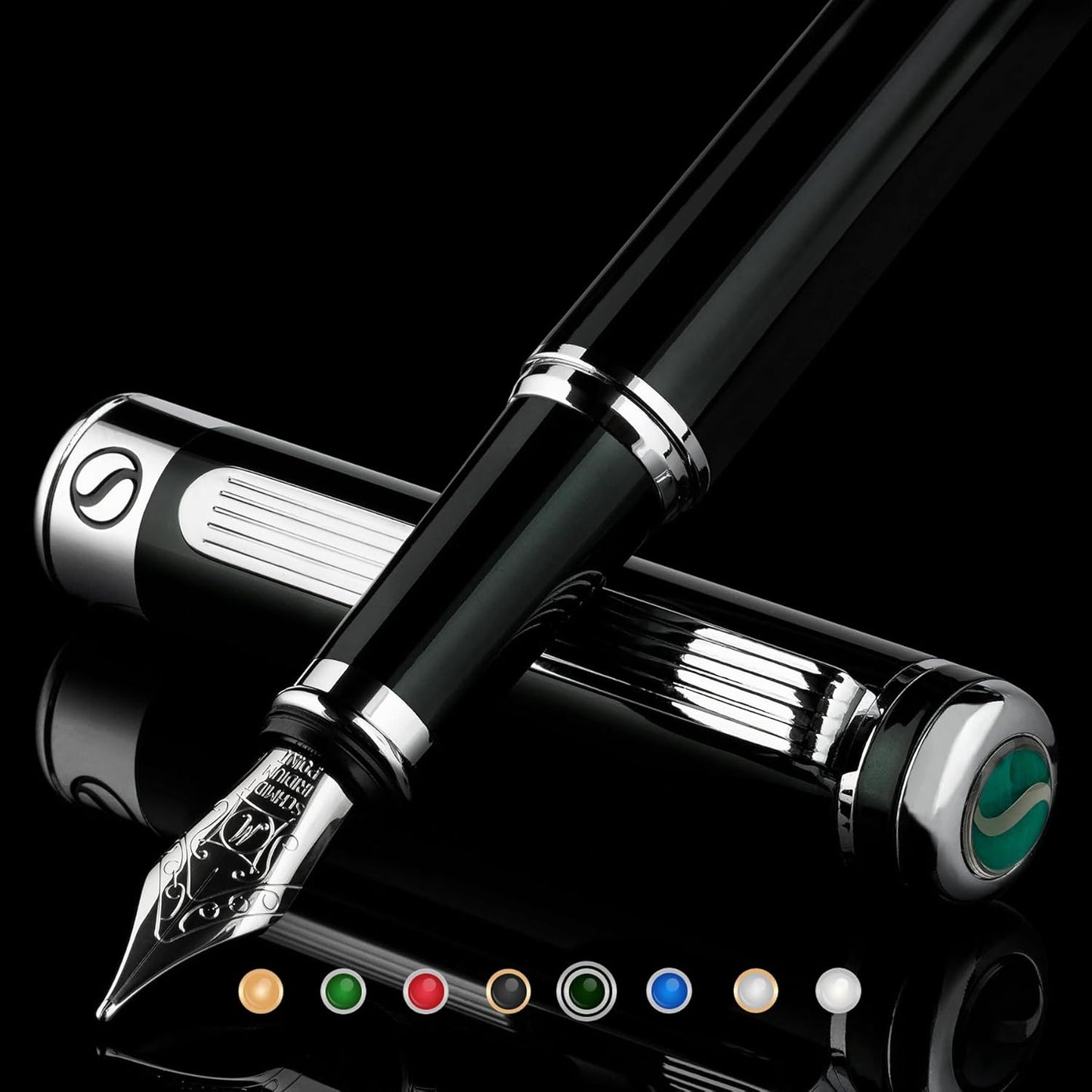Scriveiner Black Green Fountain Pen - Stunning Luxury Pen with Chrome Finish, Schmidt Nib (Medium), Best Pen Gift Set for Men & Women, Professional, Executive, Office, Nice Pens