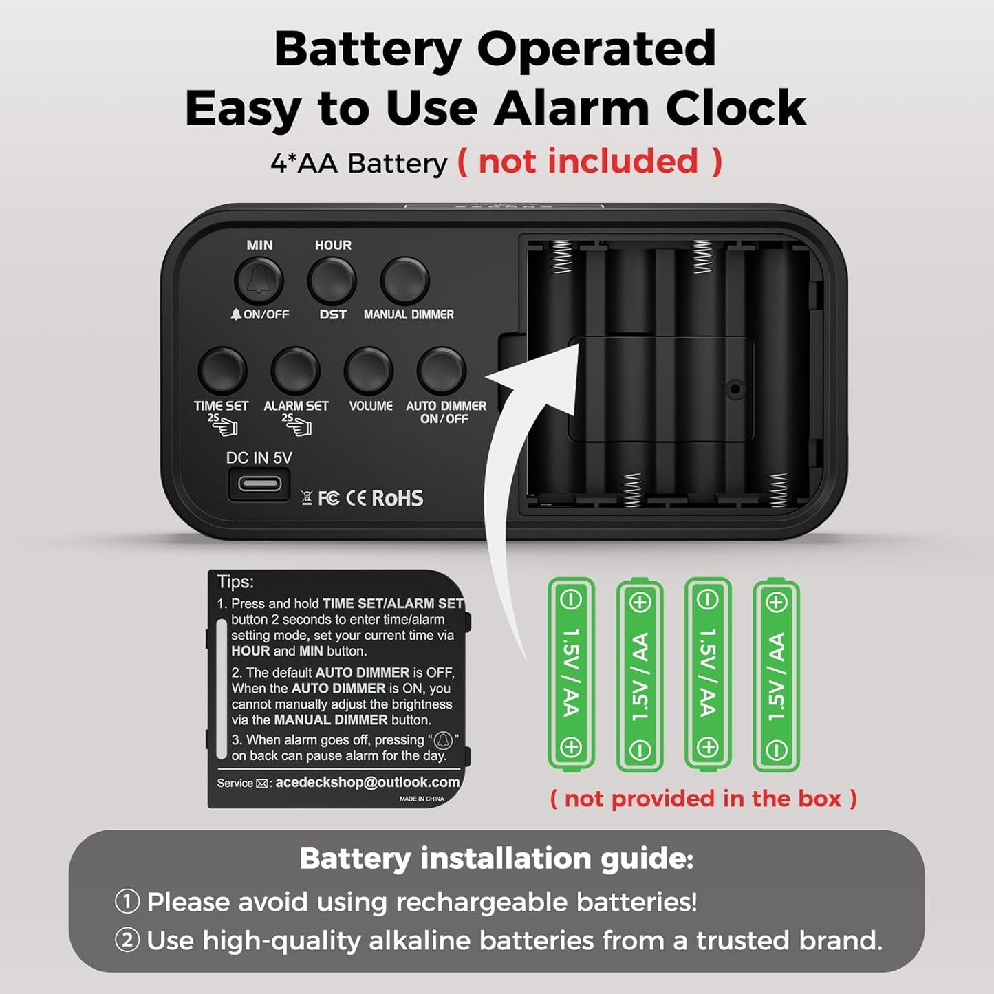 Battery Operated Digital Clock: Cordless Small Alarm Clock for Bedroom Travel - Large Numbers 4 Dimmers for All Ages Red Digits