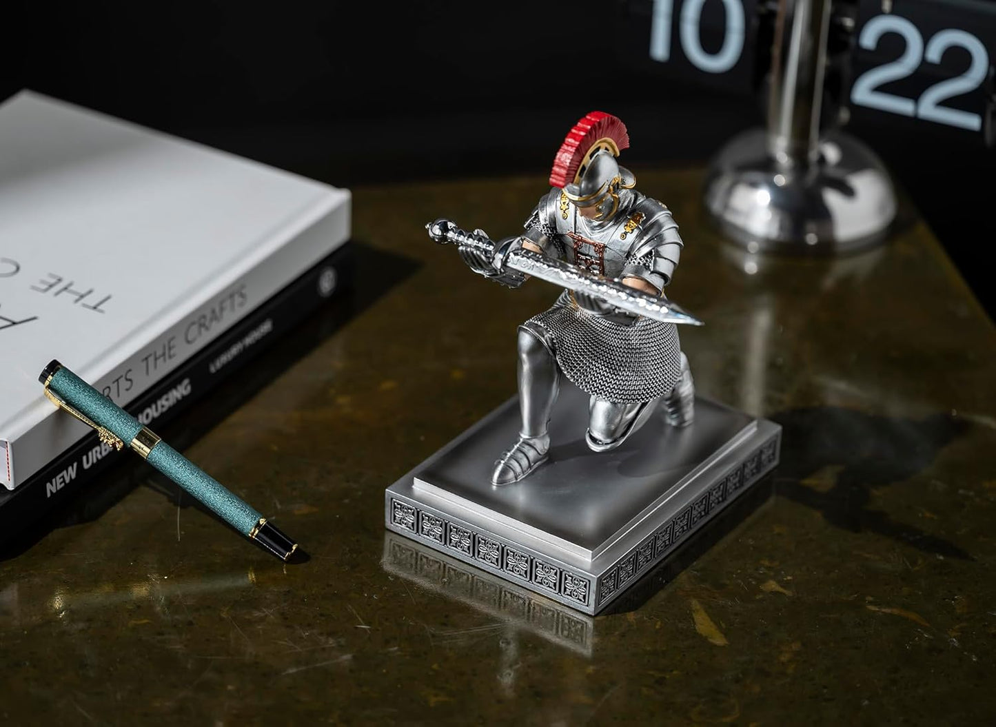 Roman Praetorian Warrior Knight Pen Holder Desk Ornament Resin Pencil Holder Desk Accessories and Organizer for Office with a Letter Opener (Silver)