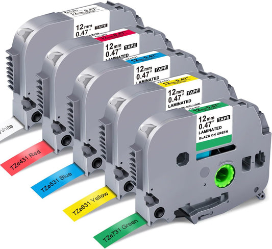 5-Pack Label Maker Tape Replace for Brother TZe TZ Tape 12mm 0.47 Laminated White Red Blue Yellow Green TZe231 431 531 631 731 Work for Brother P Touch Label Maker PTH110 PTD220 PTD210