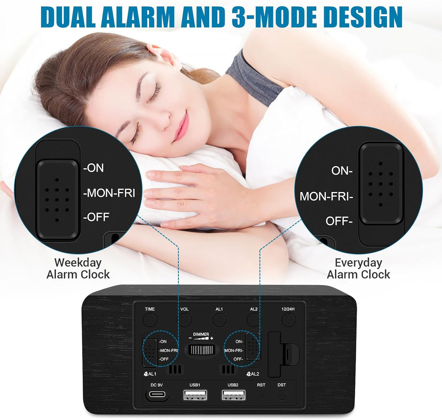 Wood Digital Alarm Clock with 10W Fast Wireless Charger, USB Charging Ports, DST, Dimmable, Snooze, Large Number LED Display for Bedrooms, Desk, Living Room Table, Bedside, Nightstand (Black)