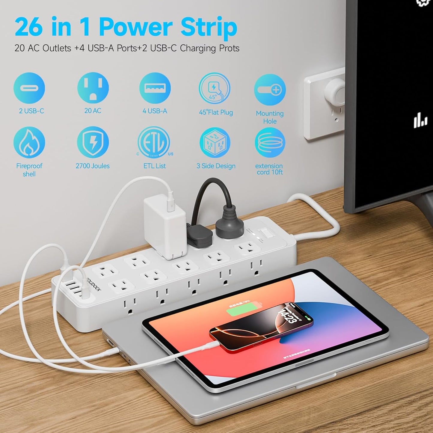 Power Strip Surge Protector Flat Plug with 20 AC Outlets 6 USB Chagring Ports, 1875W/15A, 2700J, 10 Ft Heavy Duty Extension Cord for Home, Office, Dorm, Gaming,ETL Listed (White, 10FT)