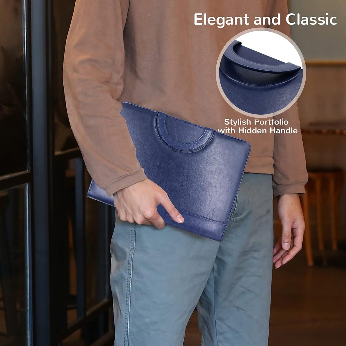 Darolin Zippered Leather Padfolio Portfolio with [Hidden Handle] and [Clipboard], Business Conference Organizer Notepad Folder, Portfolio Bag for Women/Men (Blue)