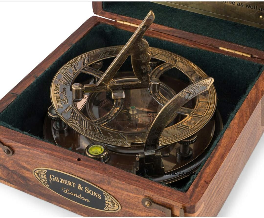 Top Grade 5-Inch Sundial Compass – Vintage Nautical Marine Compass with Wooden Box – Antique Brass Sun Clock for Decoration, Navigation, Gifts – Ship Replica Maritime Compass
