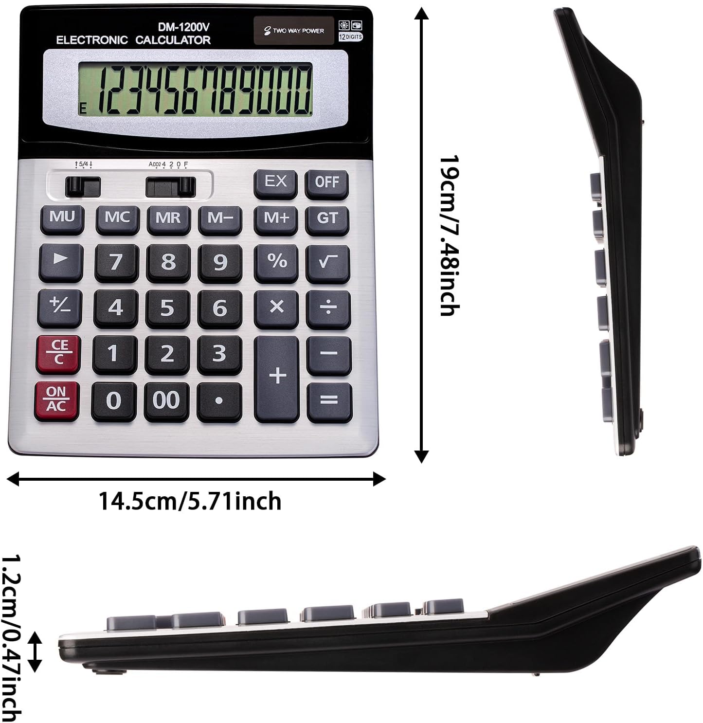 12 Digit Desktop Calculator with Large LCD Display and Sensitive Button, Dual Solar Power and Battery, Standard Function for Office (YE1200v)