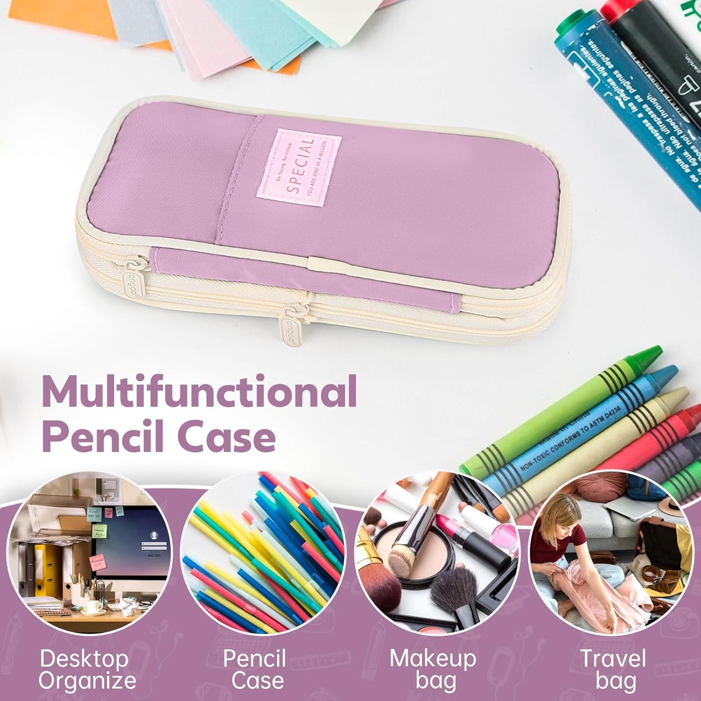 Pencil Case, Large Capacity Aesthetic Pencil Cases with Durable Zipper, Big Stationery Pencil Pouch for Women & Men, Adults Portable Storage Organizer Bag for College, office, Travel (Purple)