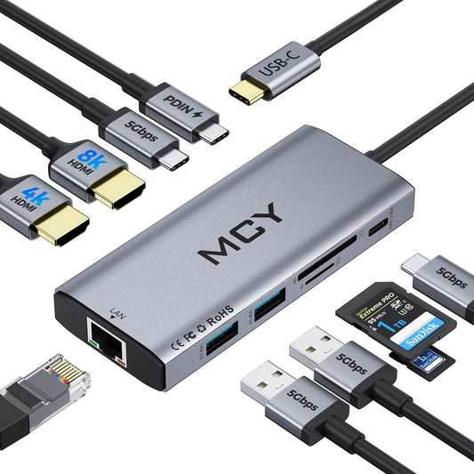 MCY USB C Hub,Laptop Docking Station Dual Monitor Single 8K,2x4K@60Hz,10 in 1 Type-C Multiport Adapter with 2 HDMI,PD100W,Extender Splitter,Card Reader,Ethernet Dock for Mac/Dell/HP/Surface/Steam Deck