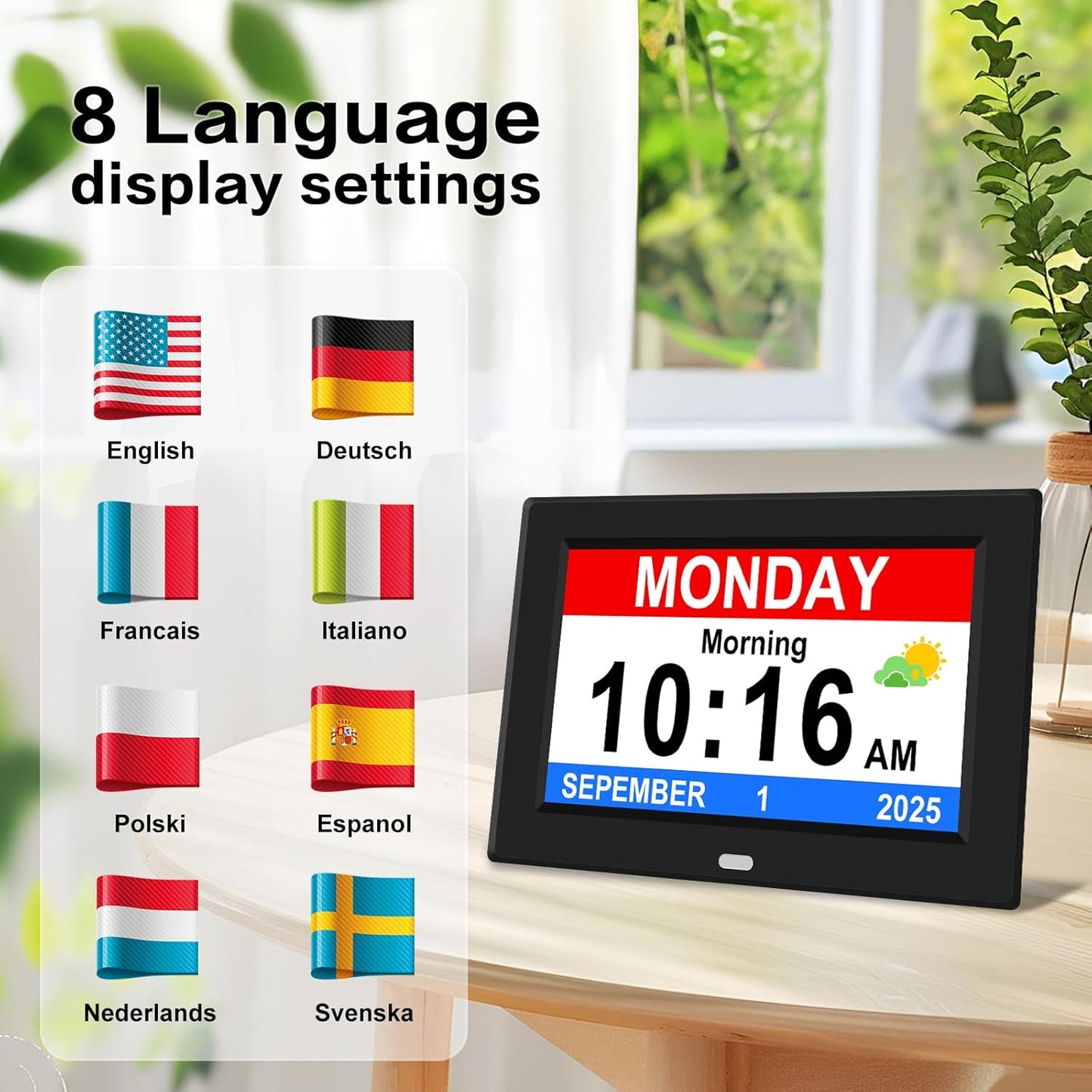 Digital Alarm Clock for Elderly Large Display Date Day of Week for Seniors Electric Digital Clocks 12 Alarms 4 Colors Desk Calendar Clocks for Memory Loss Alzheimers Clock Auto DST/Dimmer