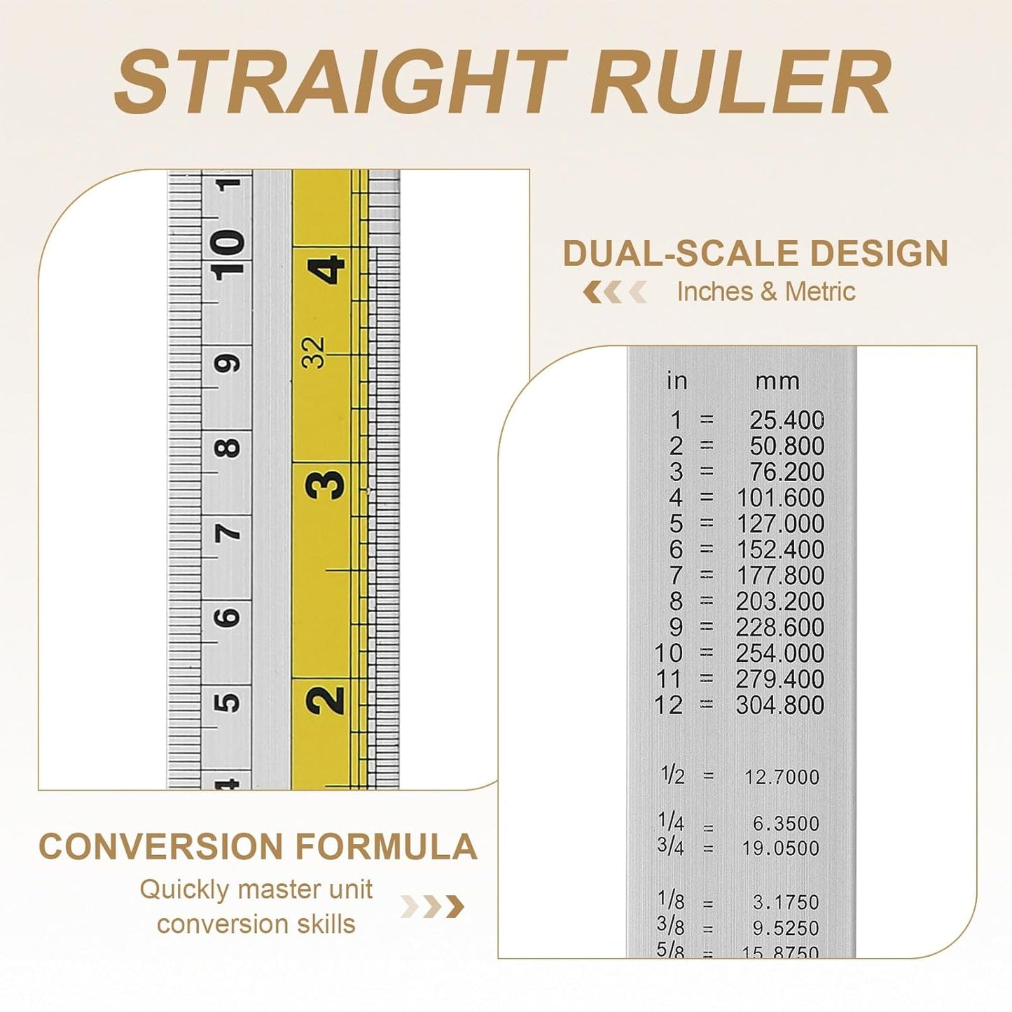 HARFINGTON 4pcs Metal Straight Ruler 15cm Metric SAE Aluminum Alloy Measuring Rulers Scale Tool with Hole for Measure Study Reading Classroom Office, Yellow