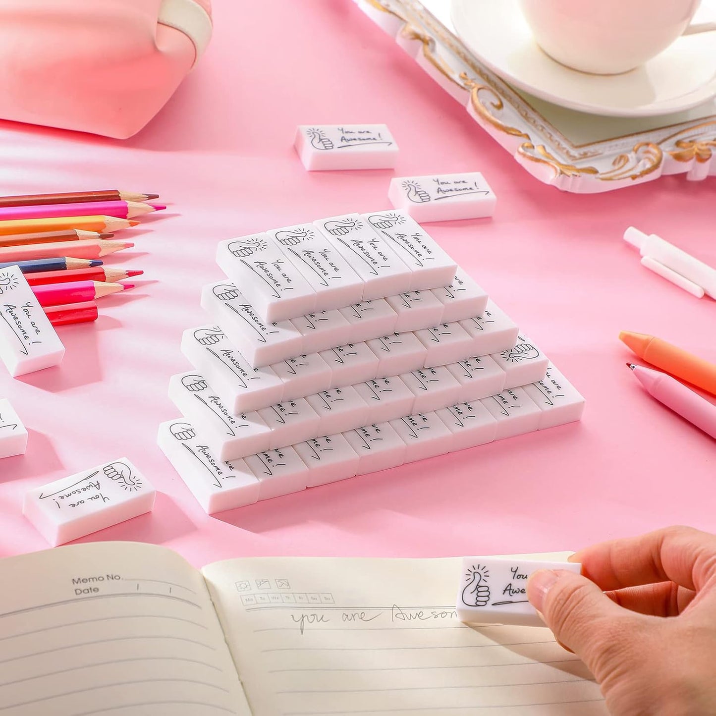 Fuutreo 200 Pcs Welcome Back to School Gifts for Students Inspirational Pencil Erasers Bulk You are Awesome White Cute Fun Erasers First Day of School Gifts Classroom Prizes from Teachers