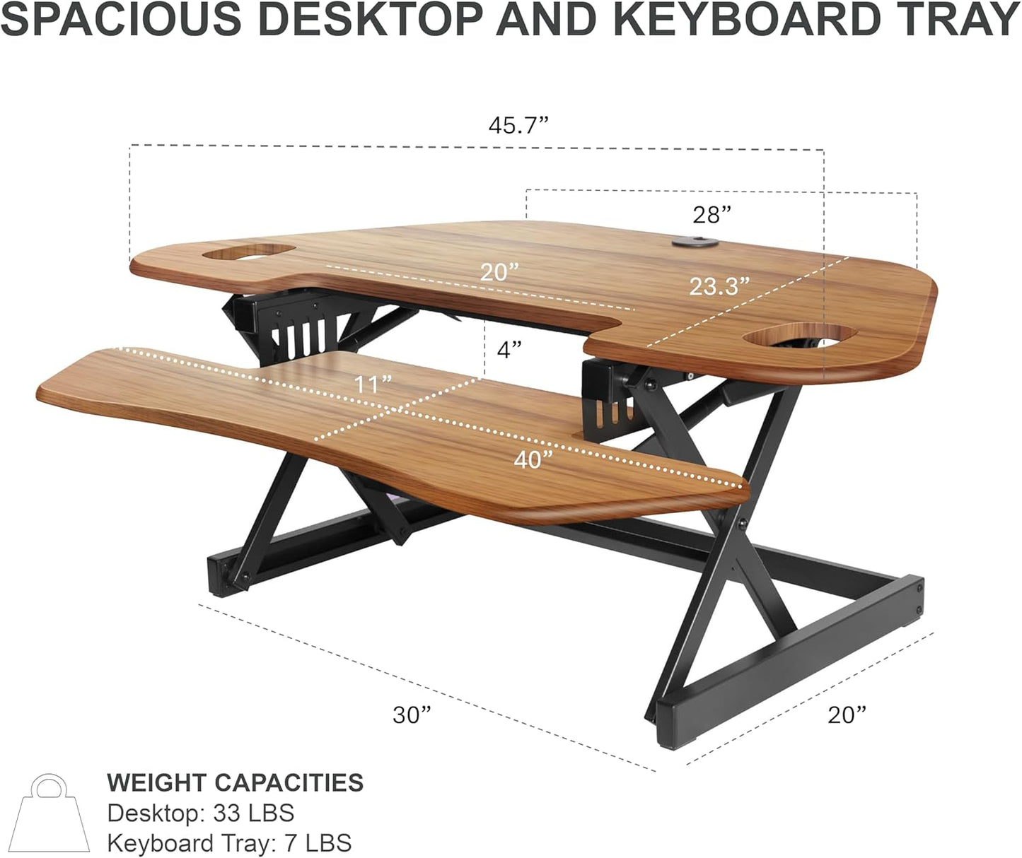 Rocelco 46" Height Adjustable Corner Standing Desk Converter with Dual Monitor Arm Mount Bundle - Sit Stand Up Tabletop Computer Workstation Riser - Extra Large Keyboard Tray - Teak (R CADRT-46-MA2)