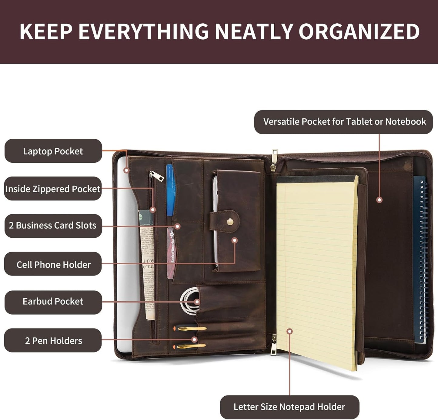 Genuine Leather Portfolio with Front Pocket for Men and Women, 8.5 x 11 Legal Pad Notepad Holder, Zippered Business Organizer, Professional Executive Letter Notebook Folder for Work, Dark Khaki