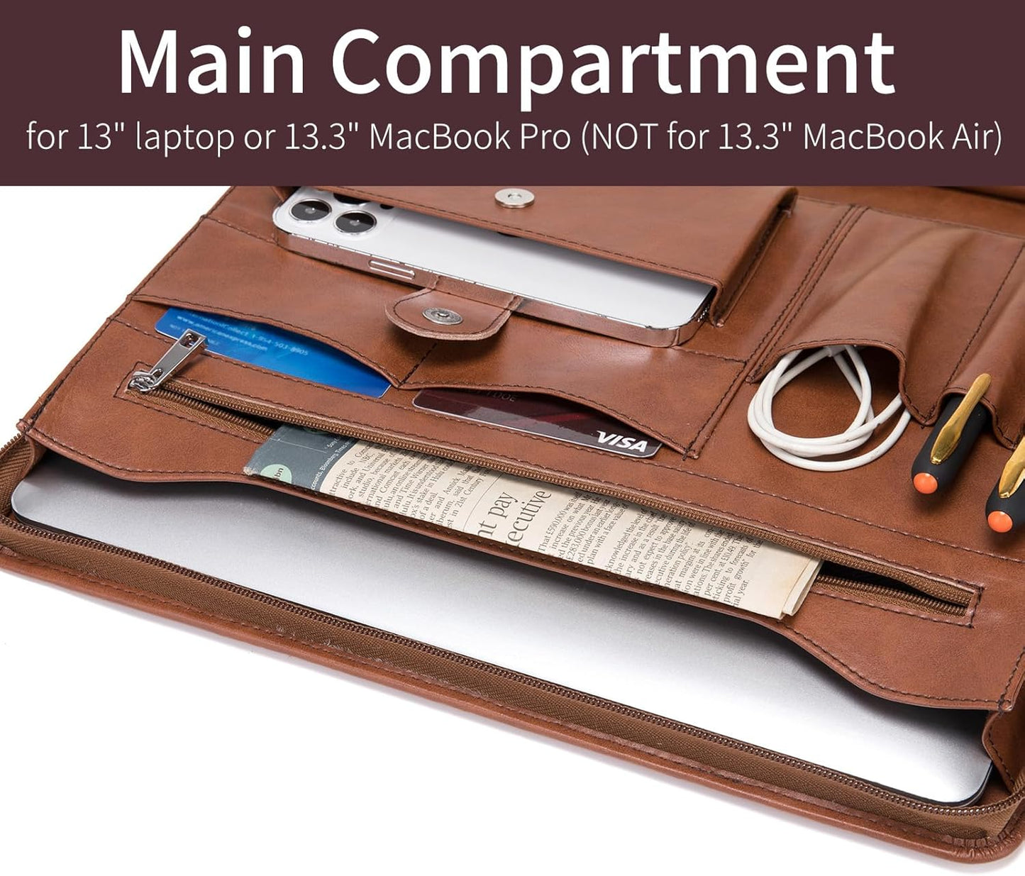 Vegan Leather Portfolio with Front Pocket for Men and Women, 8.5 x 11 Legal Pad Notepad Holder, Zippered Business Organizer, Professional Executive Letter Notebook Folder for Work, Brown