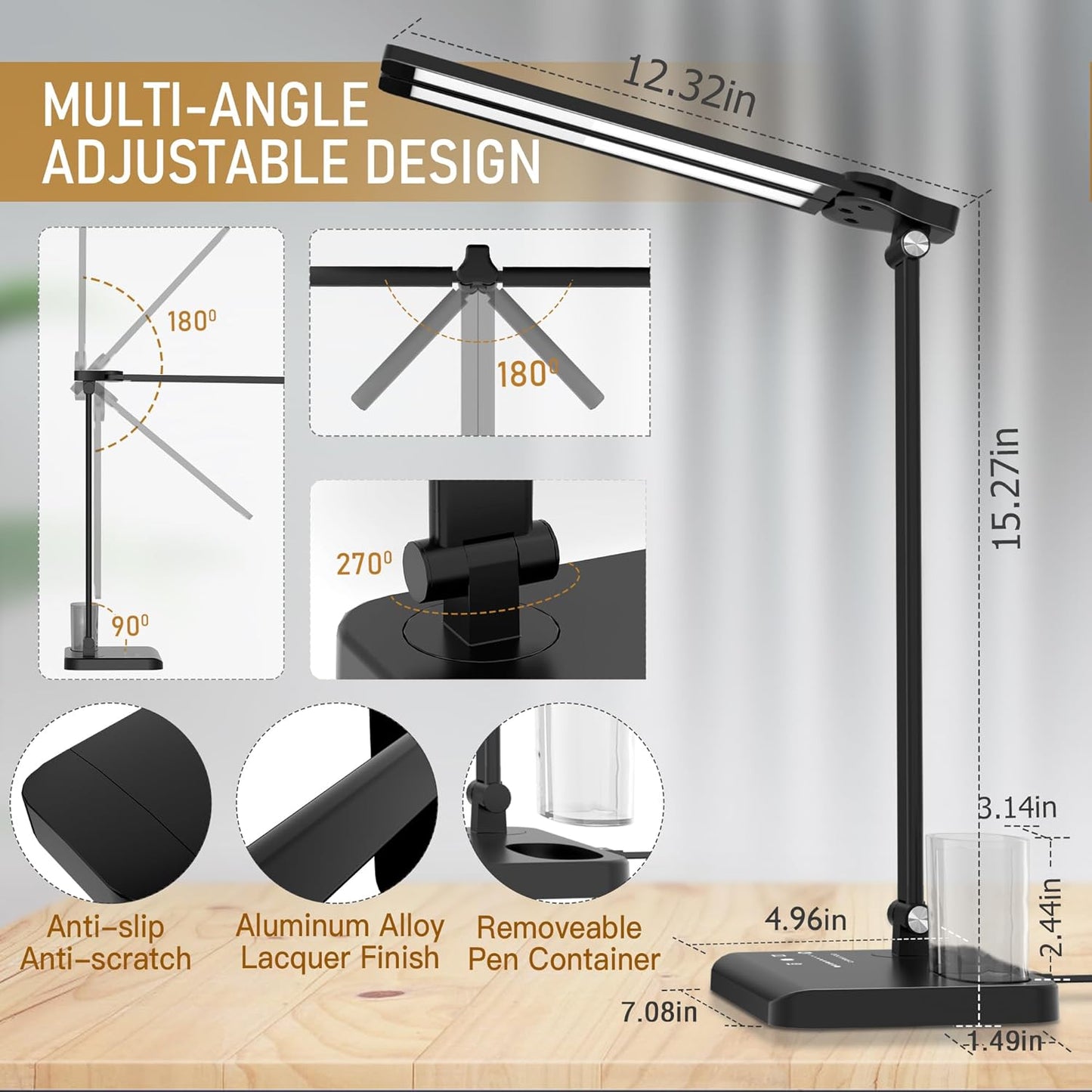 Dimmable LED Desk Lamp with USB Charging Port, 50 Lighting Modes Dual Swing Arm Architect Table Lamp Light Desk Lamp for Home Office Dorm Piano Nail